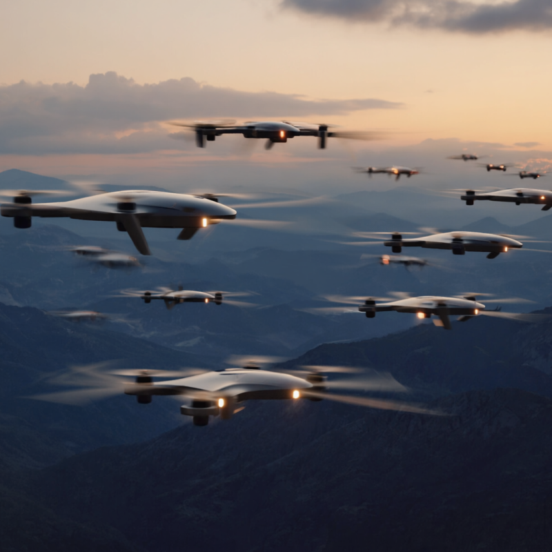 Firefly_A futuristic drone swarm flying in formation over landscape, dramatic lighting, hyper 802132